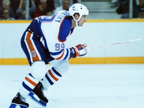 Edmonton Oilers centre Wayne Gretzky during NHL action at Northlands Coliseum against the visiting Minnesota North Stars on Dec. 6, 1987.