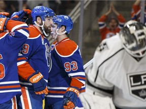 Edmonton's Patrick Maroon (19) celebrates a second-period goal on L.A. goaltender Peter Budaj at Rogers Place on Thursday, Dec. 29, 2016. (Ian Kucerak)