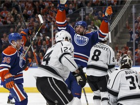 Edmonton's Patrick Maroon (19) scores on LA goaltender Peter Budaj (31) during the second period of a NHL game at Rogers Place in Edmonton, Alberta on Thursday, December 29, 2016. Ian Kucerak / Postmedia