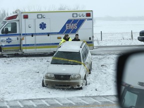 Emergency crews respond to cars hitting the ditch off Highway 2, south of Leduc