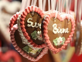 Gingerbread hearts at the Christmas market in Heidelberg, Germany on December 15, 2016. /