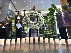 YWCA CEO Jackie Foord speaks at the Federal Building in Edmonton on Dec. 6, 2016 at the National Day of Remembrance and Action on Violence Against Women about the need to reflect on the tragedy in Canada's history and the ongoing threat of violence against Alberta women.