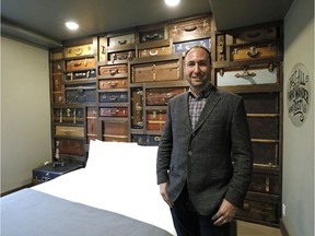 Jon Sharun , managing partner of Venexo Capital, in the suitcase room at the former Grand Hotel in downtown Edmonton, which has been converted into the boutique Crash Hotel.