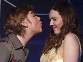 Max Fingerote (left), as The Lord of the Underworld, and Emma Del Carmen, as Eurydice, in Louis St. Laurent School's production of Eurydice.