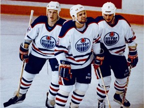 The Oilers' "Kid-line" left to right, consisted of 21-year olds Adam Graves, Joe Murphy and 19-year-old Martin Gelinas in May 1990.