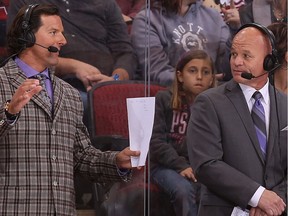 GLENDALE, AZ - APRIL 15:  Reporters Tyson Nash and Drew Remenda during the NHL game between the Phoenix Coyotes and the San Jose Sharks at Jobing.com Arena on April 15, 2013 in Glendale, Arizona. The Sharks defeated the Coyotes 4-0.