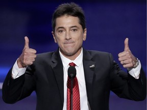 Actor Scott Baio gives two thumbs up after addressing the delegates during the opening day of the Republican National Convention in Cleveland, Monday, July 18, 2016.