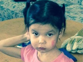 Serenity, in a photo taken in February 2014,  seven months before her death. By then, her arms were already skeletal, and she had cuts and bruises on her face. On Friday, RCMP announced that they had laid a charge in connection with her case.