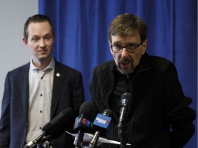 Bret McCann (right), alongside his wife Mary-Ann (not shown) and St. Albert-Edmonton MP Michael Cooper call for the removal of unconstitutional sections of the Criminal Code during a press conference in St. Albert, Alberta on Sunday, December 18, 2016.