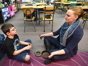Teacher Jennifer Fedor and Grade 6 student Jackson Aiton practise mindfulness at Callingwood School.