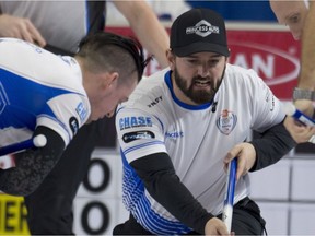 Team Carruthers skip Reid Carruthers, seen here last week at the Home Hardware Canada Cup of Curlinng, is one of two undefeated teams heading into Saturday's National quarter-finals. (The Canadian Press)