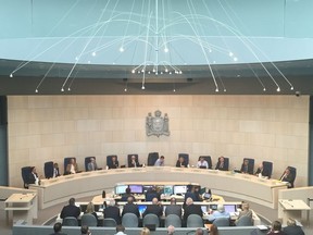 Edmonton city council, pictured in a September 2016 photo, is debating the city budget and potential property tax increases.