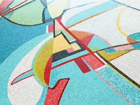 A detail of Alex Janvier's tile mosaic tsa tsa ke k'e (Iron Foot Place) in Rogers Place.