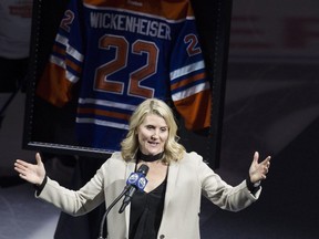 Hayley Wickenheiser speaks during a pregame ceremony honouring her retirement from hockey on January 14, 2017 in Edmonton.