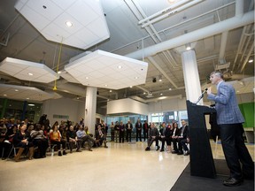 Chris Lumb, CEO TEC Edmonton, speaks during the opening of the TEC Innovation District, 10230 Jasper Ave., a new community and co-working space for Edmonton's technology entrepreneurs, in Edmonton Thursday Jan. 19, 2017.