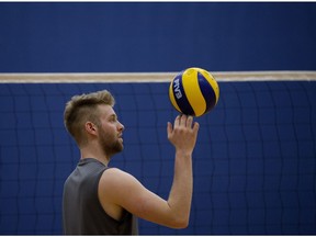 Setter Brett Walsh takes part in a University of Alberta Golden Bears volleyball practice at the Saville Community Sports Centre, on Jan. 25, 2017. Walsh is approaching the Canada West Conference record for career assists. (David Bloom)