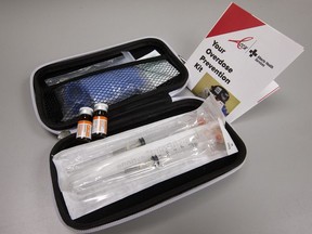 Edmonton DJ Dragan Jargic is encouraging artists and venues to pick up a naloxone kit as a precautionary measure. This photo shows a take-home naloxone kit at the University Health Centre Pharmacy on Nov. 26, 2016.