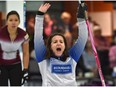 Acting skip Heather Nedohin for Team Kleibrink reacts after throwing her rock during tyhe Alberta Scotties Tournament of Hearts provincial championship at the St. Albert Curling Club, Thursday, January 26, 2017.