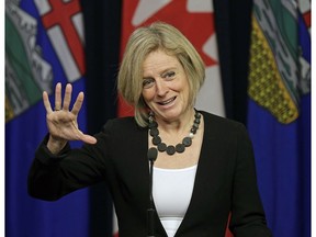 Alberta Premier Rachel Notley speaks with the news media at the Alberta Legislature in Edmonton on Tuesday January 24, 2017.