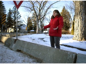 Belgravia resident Debby Waldman is upset about a neighbourhood renewal project planned for Belgravia in the spring and summer of 2017, the city has put up barriers extending a curb near 116 Street and 77 Avenue. According to city officials, the barriers are to test the placement of the curb in an attempt to make it safer for pedestrians to cross. However local residents say the intersection isn't an issue for pedestrians, but the concrete barriers they put up definitely are.