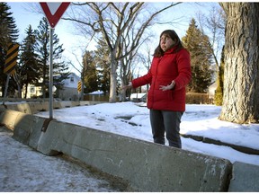 Belgravia resident Debby Waldman was upset about a neighbourhood renewal project planned for Belgravia in the spring and summer of 2017, the city has put up barriers extending a curb near 116 Street and 77 Avenue.