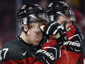 Canada forward Mitchell Stephens (27) reacts after losing to the United States in gold medal game hockey action at the IIHF World Junior Championship, on Jan. 5, 2017 in Montreal.