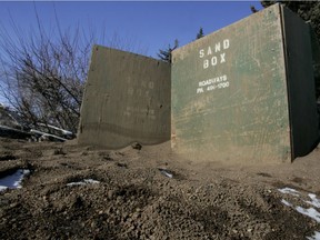 City of Edmonton supplied free sand boxes sit outside Fulton Place Community League at 6115 Fulton Rd in Edmonton. File photo.