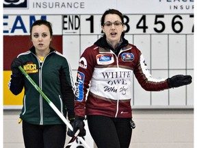 Skips Kelsey Rocque, left, and Val Sweeting call instructions at the Saville Community Sports Centre on Feb. 11, 2015. (File)