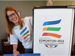 Aileen Giesbrecht, executive director of the Edmonton bid team, shows off paraphernalia from the city’s 2022 Commonwealth Games bid, which was called off in February 2015.