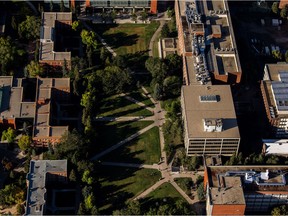 An aerial view of the University of Alberta Centennial Centre for Interdisciplinary Science, Assiniboia Hall, Athabasca Hall, Gunning Lemieux Chemistry Centre and the Central Academic Building in Edmonton on September 10, 2015.