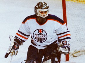 Edmonton Oilers goalie Joaquin Gage during NHL actiuon against the Mighty Ducks of Anaheim on Jan. 7, 1996.