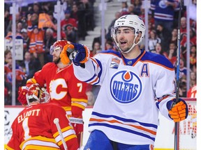 CALGARY, AB - JANUARY 21: Jordan Eberle #14 of the Edmonton Oilers celebrates after scoring against the Calgary Flames during an NHL game at Scotiabank Saddledome on January 21, 2017 in Calgary, Alberta, Canada.