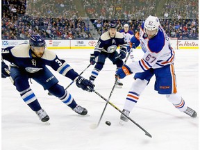 Seth Jones of the Columbus Blue Jackets attempts to block a shot by Benoit Pouliot of the Edmonton Oilers at Nationwide Arena on Jan. 3, 2017. (Getty Images)
