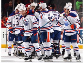 Mark Letestu #55 of the Edmonton Oilers celebrates his game winning power-play goal at 3:59 of overtime against the New Jersey Devils at the Prudential Center on January 7, 2017 in Newark, New Jersey. The Oilers defeated the Devils 2-1 in overtime.