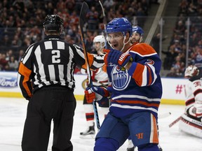 Edmonton Oilers' Andrej Sekera celebrate a goal against the New Jersey Devils at Rogers Place Thursday, Jan. 12, 2017. (Ian Kucerak)