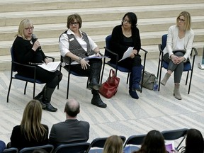 Bev Esslinger, Sandra Woitas, Nola Dauphinais and Carolyn Campbell (left to right) conduct a panel discussion at City Hall on January 31, 2017 where the Edmonton Women's Quality of Life Scorecard was released, an analysis and report on a number of different indicators which measure the life and experiences of women in Edmonton.