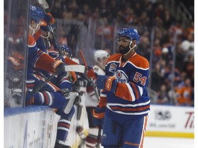 Edmonton Oilers' Jujhar Khaira celebrates his first NHL goal Monday, Jan. 16, 2017, against the Arizona Coyotes at Rogers Place, (Ian Kucerak)