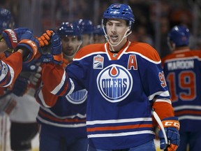 Edmonton Oilers centre Ryan Nugent-Hopkins celebrates his goal against the Arizona Coyotes on Jan. 16, 2017.