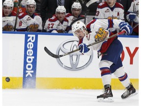 Edmonton's Will Warm fires a slapshot during the second period of a WHL game between the Edmonton Oil Kings and the Prince Albert Raiders at Rogers Place in Edmonton on Saturday, January 21, 2017.