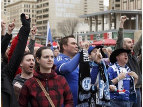 FC Edmonton soccer fans cheer on their team at the Winter City Footie Fest at Churchill Square in Edmonton, Alberta on Saturday, November 5, 2016.