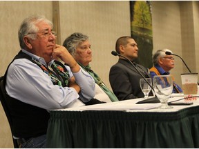 Tony Belcourt, left, Maria Campbell, Gabriel Daniels and Elmer Ghostkeeper sat on a panel at the University of Alberta Jan. 27, 2017, to talk about the possible effects of the Daniels Case, a Supreme Court of Canada decision regarding Metis identity.
