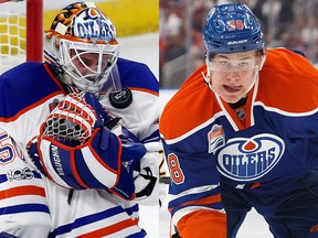 Edmonton Oilers goalie Jonas Gustavsson, left, and winger Jesse Puljujarvi.