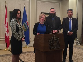 Premier Rachel Notley announces Danielle Larivee, left, as minister of children's services, MLA Shaye Anderson, second from right, as municipal affairs minister and Irfan Sabir, right, as minister of community and social services.