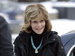Jane Fonda arrives at the University of Alberta in Edmonton for a news conference regarding the oilsands expansion on Wednesday, Jan. 11, 2017.