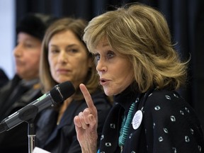 Actress Jane Fonda and indigenous leaders speak to the media following Jane Fonda's recent trip to the Fort McMurray oil sands, during a press conference at the University of Alberta, in Edmonton Wed. Jan. 11, 2017.