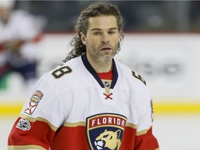 Jaromir Jagr of the Florida Panthers warms up before NHL action against the Calgary Flames in Calgary on Jan. 17, 2017.