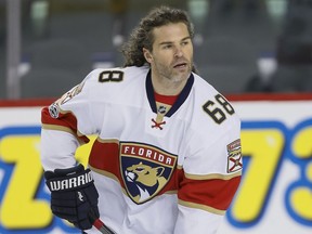 Jaromir Jagr of the Florida Panthers warms up before NHL action against the Calgary Flames in Calgary, Alta., on Tuesday, Jan. 17, 2017. Lyle Aspinall/Postmedia Network