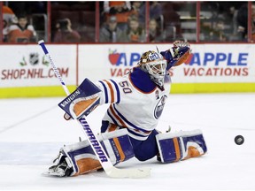 Jonas Gustavsson is on waivers as Edmonton Oilers want to take a look at other people as Cam Talbot's back-up goalie. (AP Photo)