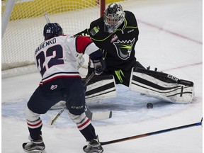 Edmonton Oil Kings goaltender Josh Dechaine is scored on by Lethbridge Hurricanes Egor Babenko on January 11, 2017 in Edmonton.