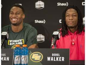 Edmonton Eskimos receivers Adarius Bowman, left, and Derel Walker speak at a press conference at TD Place Stadium on Nov. 19, 2016, a day ahead of the CFL's East Division final. (Ashley Fraser)
